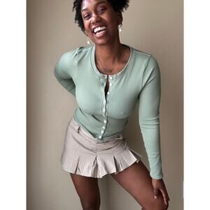 OQQ Green Button Down Long Sleeve Stretch Top Size Large